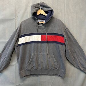 Tommy Hilfiger Hoodie Men’s Size L Gray Logo Pullover Flag Patch Vintage Style